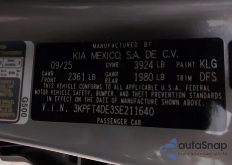 2025 Kia K4 Lxs z USA, uszkodzony, nr VIN 3KPFT4DE3SE211640